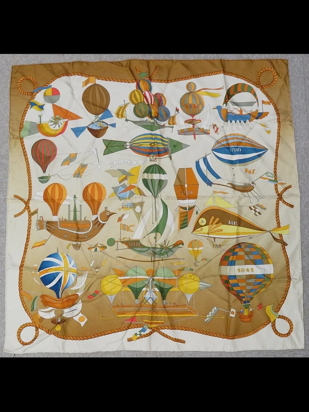 Vintage Hot Air Balloon Scarf in Cream, Tan, Green